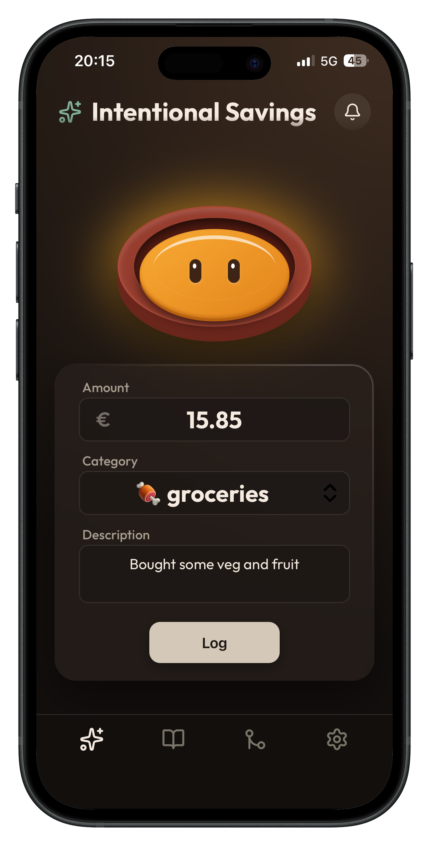 Boppi app showing the Pulse screen with Boppi mascot, amount entry, category picker, and log button