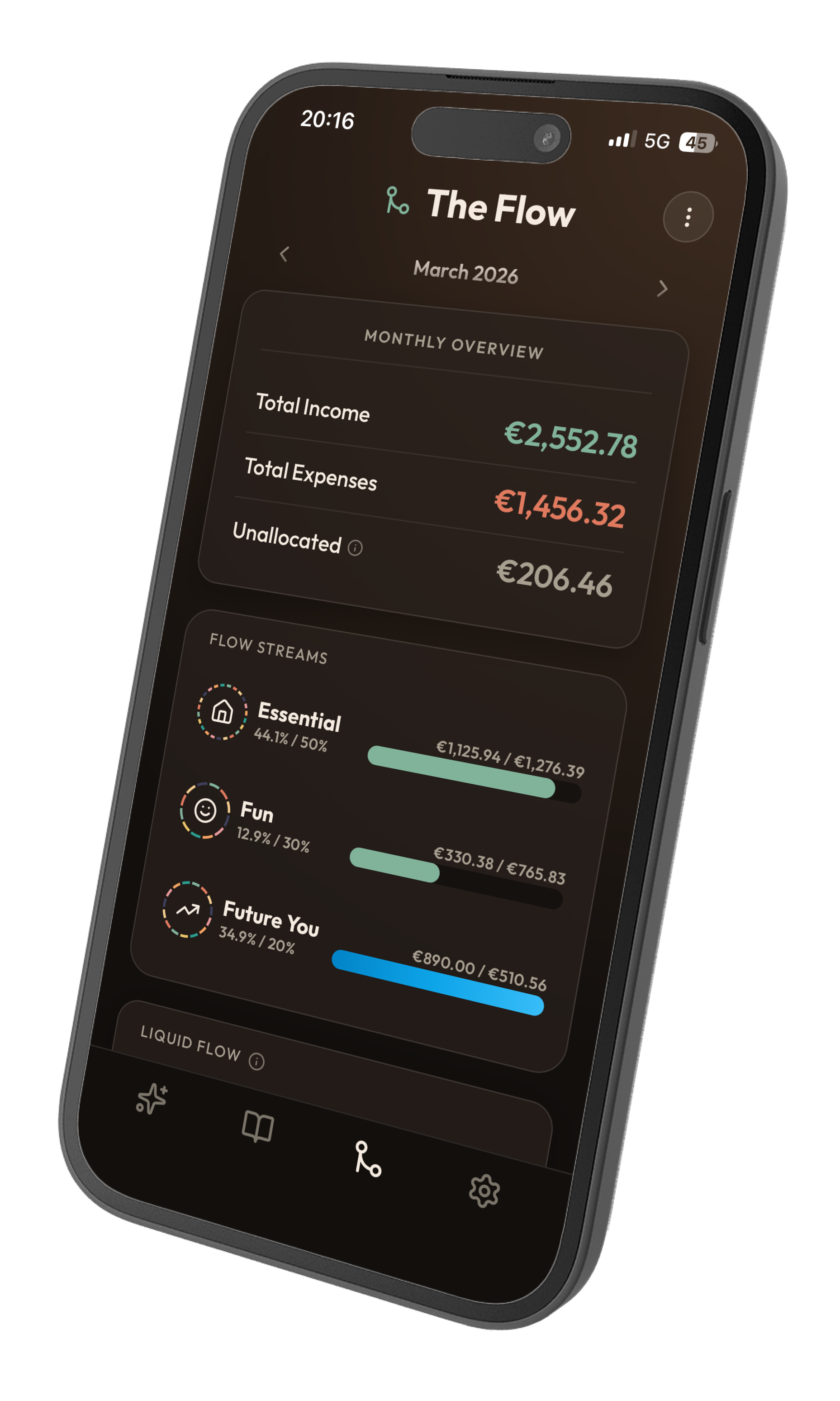 Boppi Flow dashboard showing monthly overview with income, expenses, and 50/30/20 pacing bars for Essential, Fun, and Future You streams